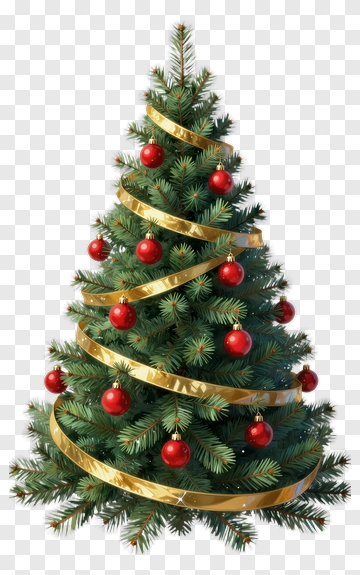 Christmas Tree With Red Ornaments And Gold Ribbon PNG