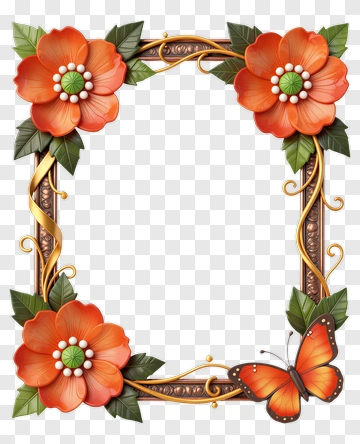 Floral Frame With Orange Flowers And Butterfly PNG