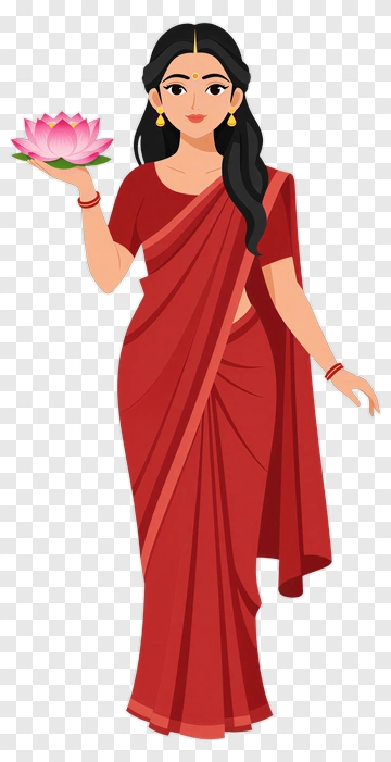 Woman In Red Saree Holding A Lotus Flower PNG