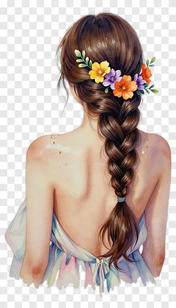 Girl With Braided Hair And Floral Accents PNG