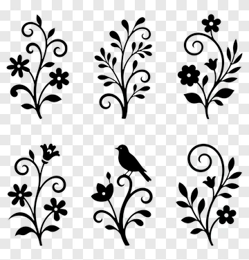 Black Floral Silhouettes With Decorative Elements PNG