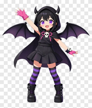 Cartoon Girl With Bat Wings And Skull Accessories PNG