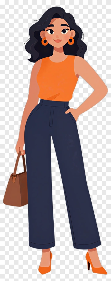 Stylish Woman In Orange Top And Dark Pants PNG