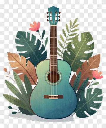 Acoustic Guitar Surrounded By Tropical Leaves And Flowers PNG