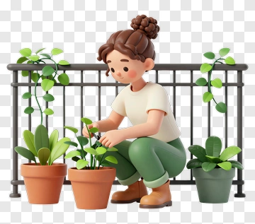 3D Woman Caring For Potted Plants PNG