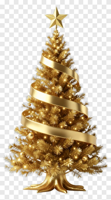 Golden Christmas Tree With Star And Ribbon PNG