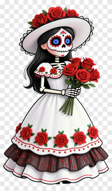Cartoon Skeleton Woman Holding Roses PNG
