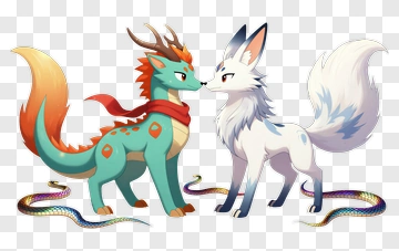 Dragon And Fox Characters Facing Each Other PNG