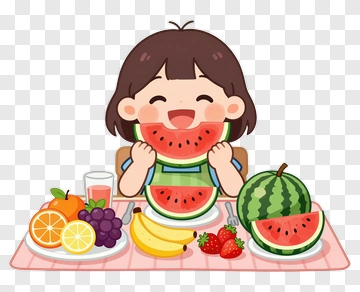 Happy Girl Eating Watermelon With Fruits PNG
