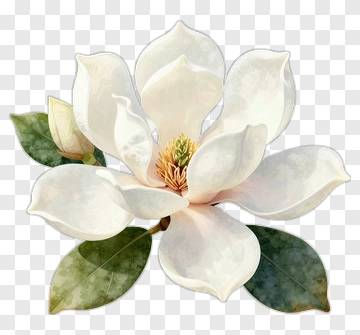 White Magnolia Flower With Green Leaves PNG