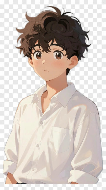 Anime Boy With Curly Hair In A White Shirt PNG