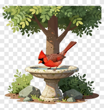 Cardinal Bird At A Bird Bath Under A Tree PNG