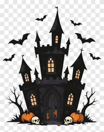 Halloween Castle With Pumpkins And Bats PNG