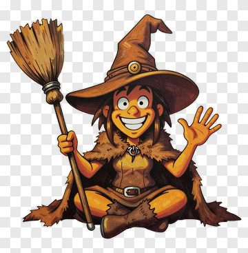 Cartoon Witch Holding A Broom PNG