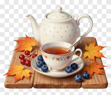 Tea Set With Blueberries And Autumn Leaves PNG