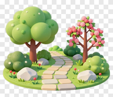 Colorful Cartoon Garden Pathway With Trees And Flowers PNG