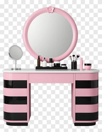 Pink Makeup Vanity With Round Mirror PNG
