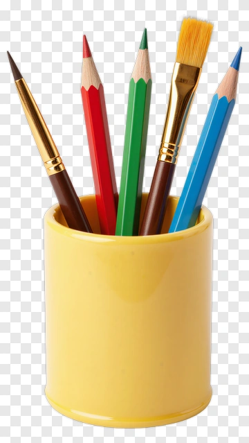 Colorful Art Supplies In A Yellow Container PNG
