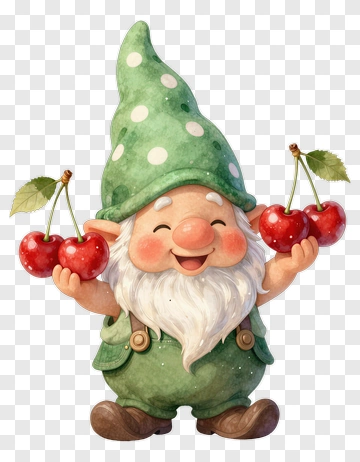 Happy Gnome Holding Cherries PNG