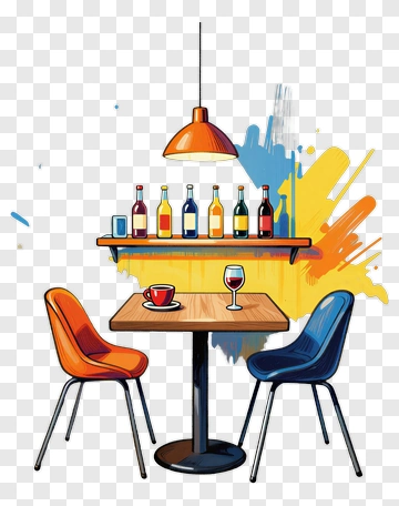 Colorful Table With Drinks And Chairs PNG
