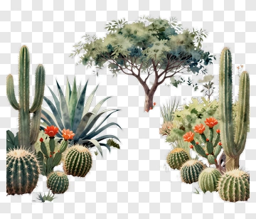 Cactus And Tree In A Desert Landscape PNG