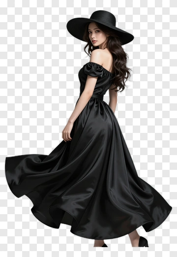 Elegant Woman In A Black Dress And Hat PNG