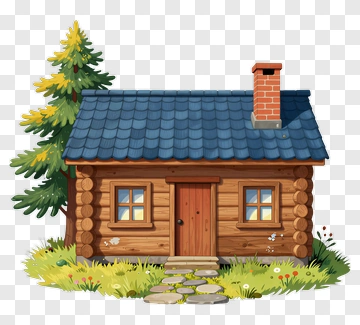 Cartoon Log Cabin With Pine Tree PNG