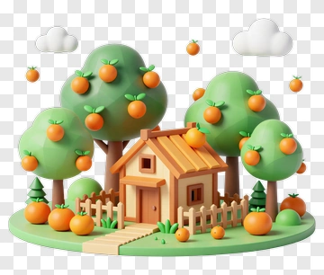 Colorful House Surrounded By Orange Trees PNG