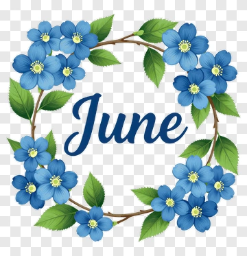 Blue Flower Wreath With June Text PNG