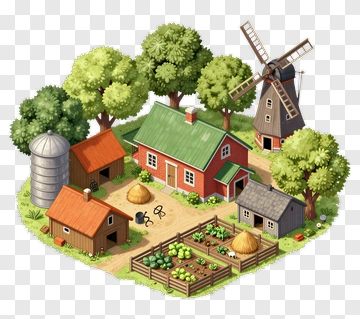 Farm Scene With House And Windmill PNG