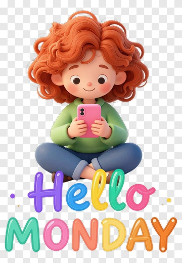 Cartoon Girl Holding A Smartphone With Hello Monday Text PNG