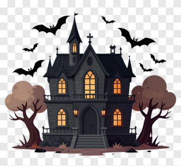 Haunted House With Bats And Trees PNG