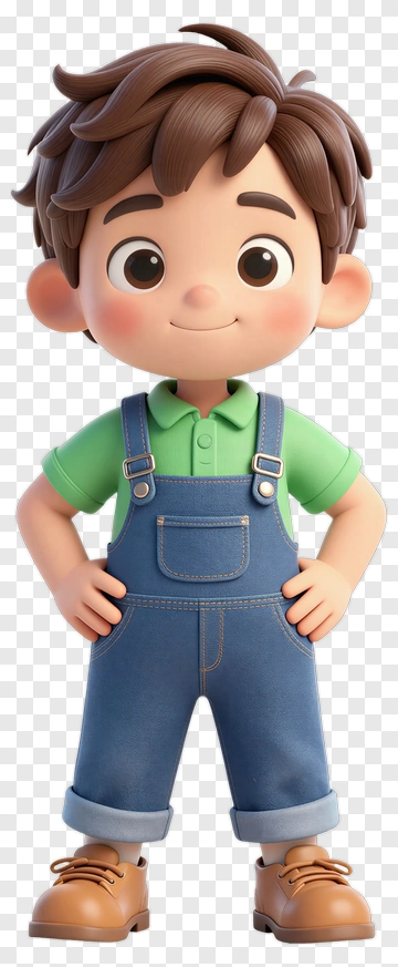 3D Boy With Brown Hair Wearing Overalls PNG