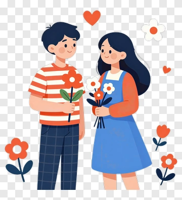 Happy Couple Holding Flowers PNG