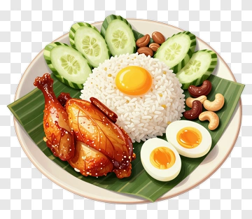 Delicious Plate Of Chicken Rice With Eggs And Vegetables PNG