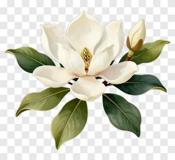 Magnolia Flower With Green Leaves PNG