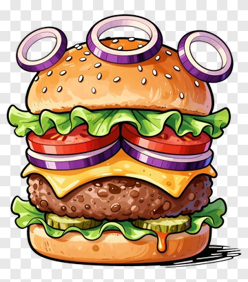 Cartoon Hamburger With Onion Rings And Fresh Vegetables PNG