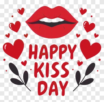 Happy Kiss Day With Red Lips And Hearts PNG
