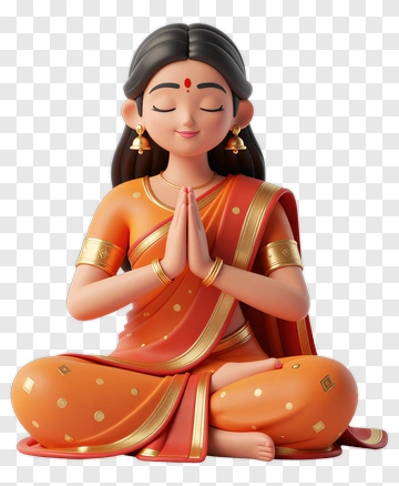 Cartoon Woman In Traditional Indian Attire Praying PNG