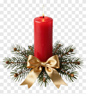 Red Candle Surrounded By Pine And Gold Bow PNG