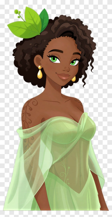 Cartoon Woman In Green Dress With Leaf Accessory PNG