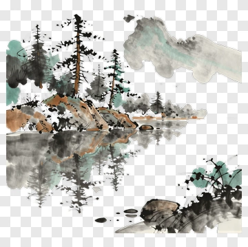 Watercolor Forest Landscape With Reflection PNG