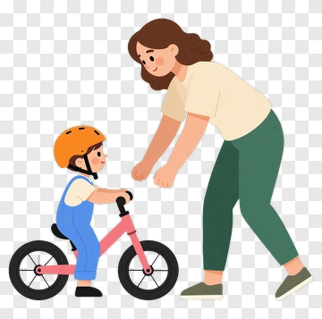 Cartoon Mother Helping Child Ride A Balance Bike PNG