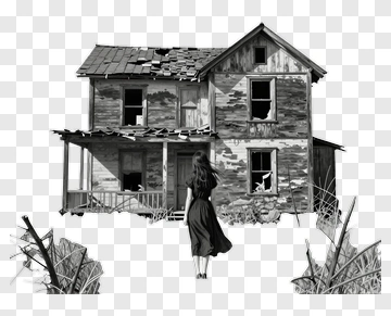 Woman Approaching An Abandoned House PNG