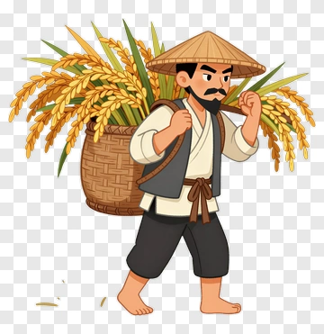 Cartoon Farmer Carrying Rice Basket PNG