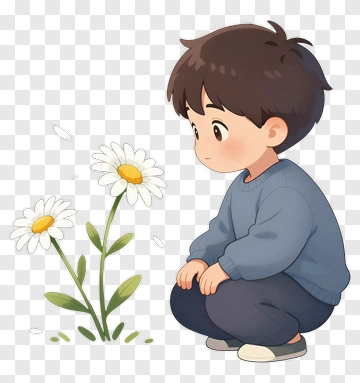 Cartoon Boy Looking At Daisies PNG