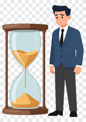 Worried Businessman Standing Next To Hourglass PNG