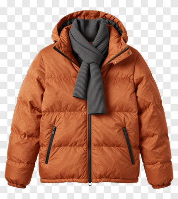 Brown Puffer Jacket With Gray Scarf PNG