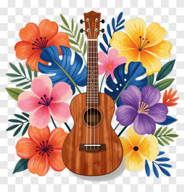 Colorful Ukulele Surrounded By Tropical Flowers PNG