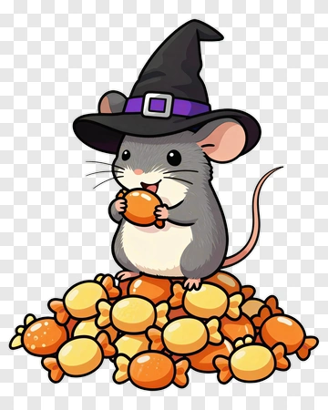 Cartoon Mouse Wearing A Witch Hat Holding Candy PNG
